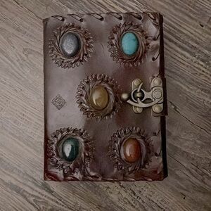 NEW 100% Leather hand crafted journal, stones, unique Chakra Midevil Embossed